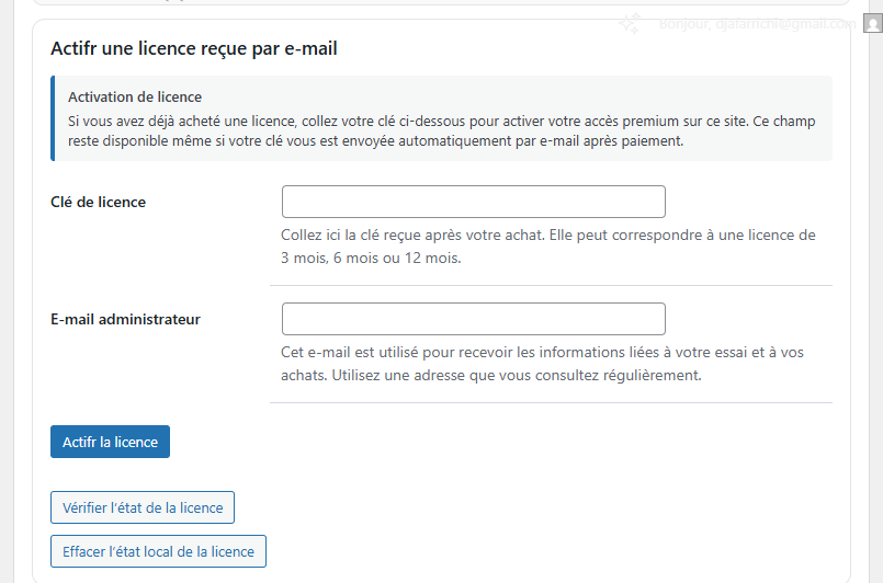 Premium licence activation area. Site owners who already purchased a premium licence can paste the key received by email and activate their premium access from this section.