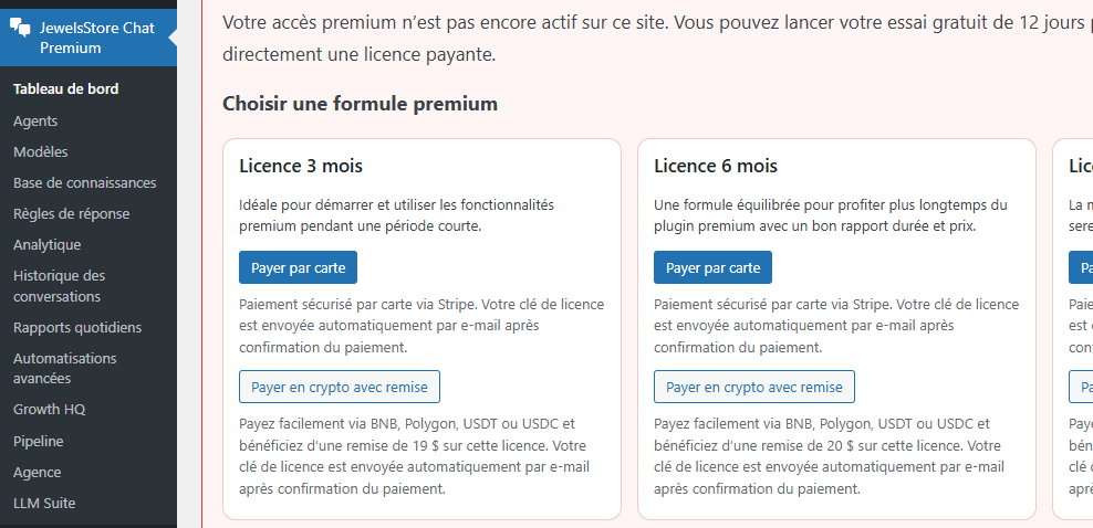 Premium workspace overview. This screen introduces the advanced premium area with multi-agent support, widget styles, conversation history, exports, automations, fallback rules, analytics, schedules, page targeting, WooCommerce and CRM integrations, webhooks, multilingual options, smart triggers, lead capture, admin alerts, and saved reply templates.