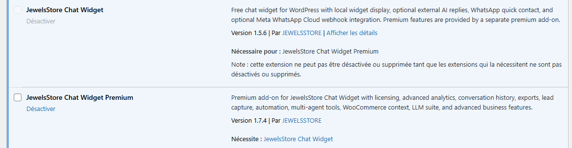 Premium add-on requirement notice. This screen explains that the free WP AI Chat Widget Advanced works on its own, while premium features require the separate premium add-on downloaded from the official website.