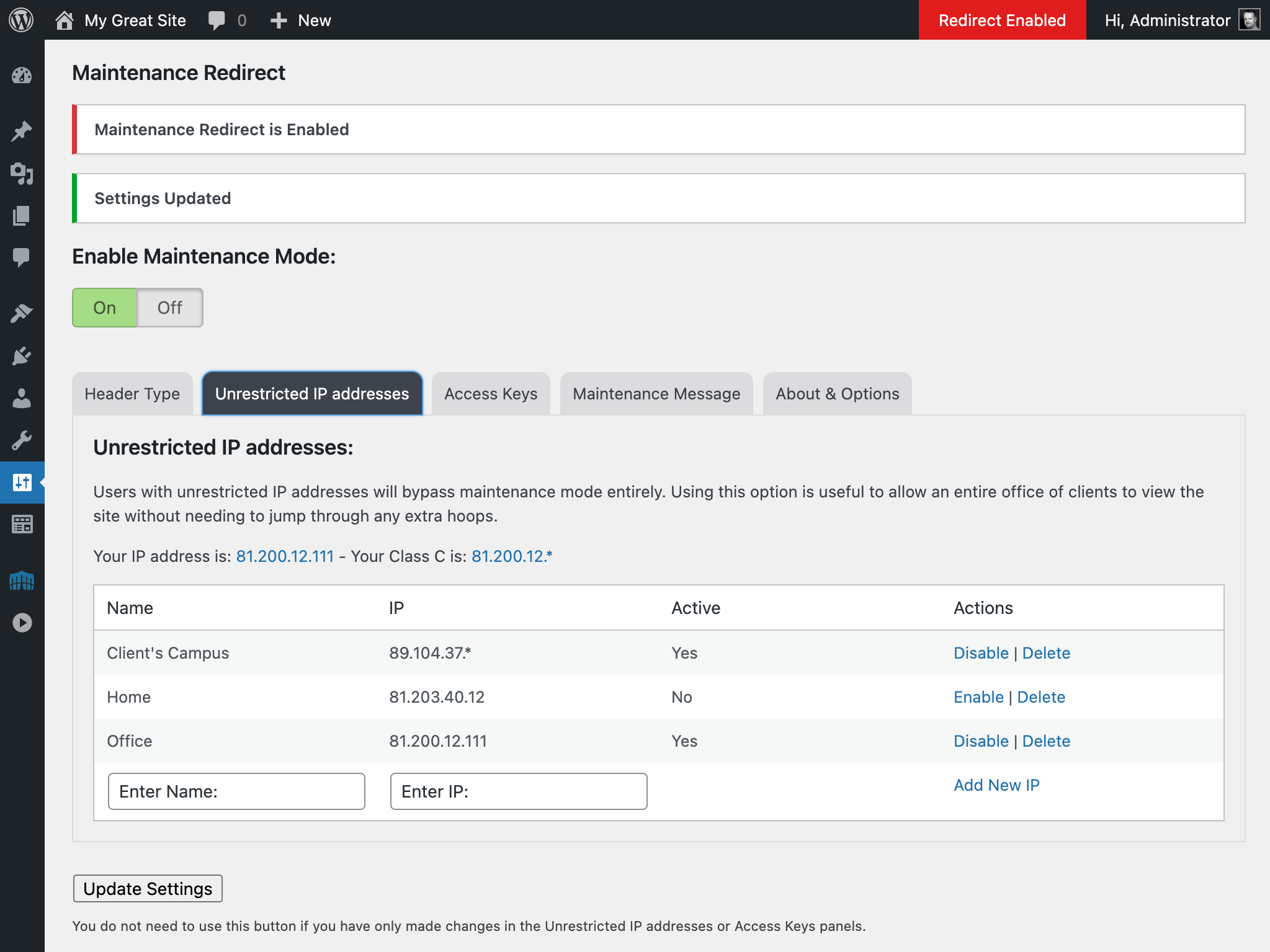 Unrestricted IP Addresses tab