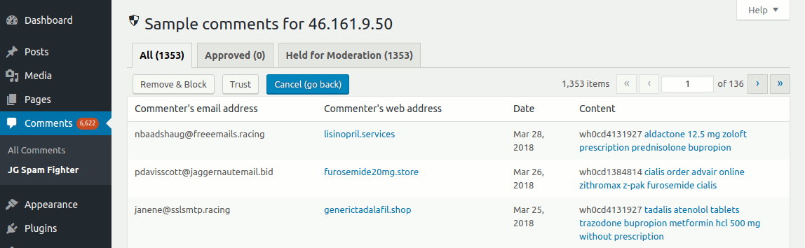 Click on "samples" option and you will see sample comments from the IP address. You should be able to easily tell if those are spam. Then you can remove them and block the IP address to prevent it from further spamming your blog.