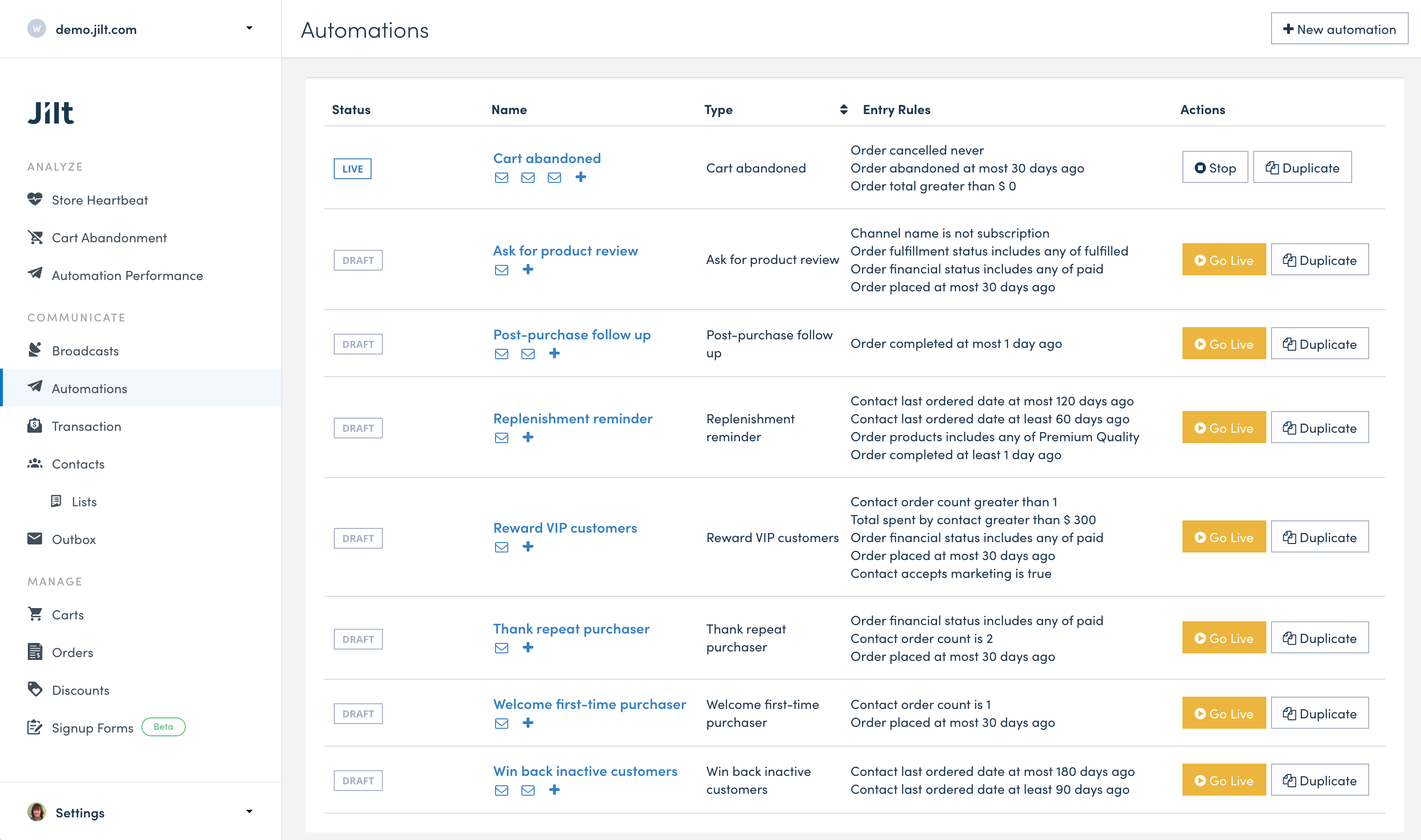 Set up your automations in Jilt to start increasing sales!