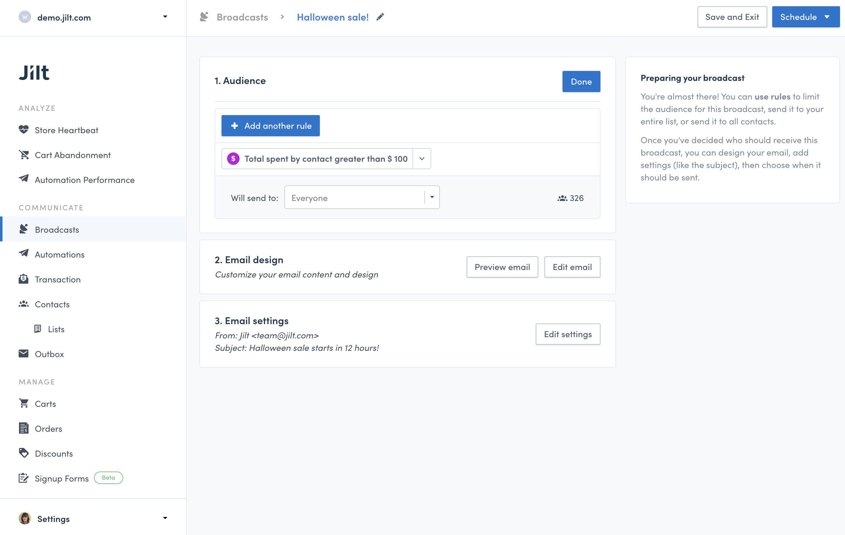 Send a broadcast to any contacts, with full segmentation flexibility