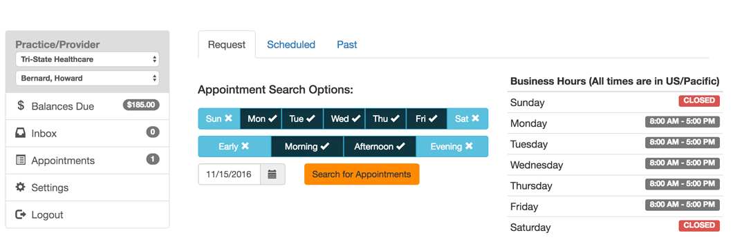 Clicking on the Appointments menu option allows the user to see their upcoming appointments, past appointments, or to request a new appointment.