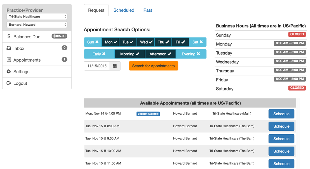 The user can also look for available openings weeks or months into the future.