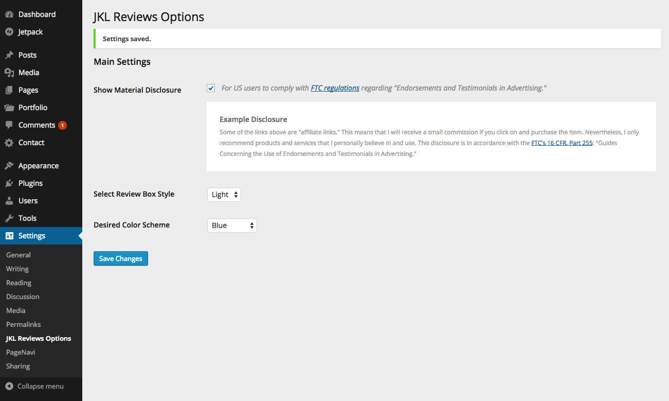 WP Options page