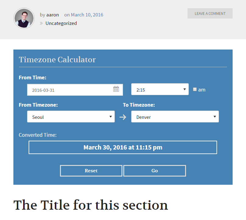 Timezone Converter loaded in a Page via the shortcode