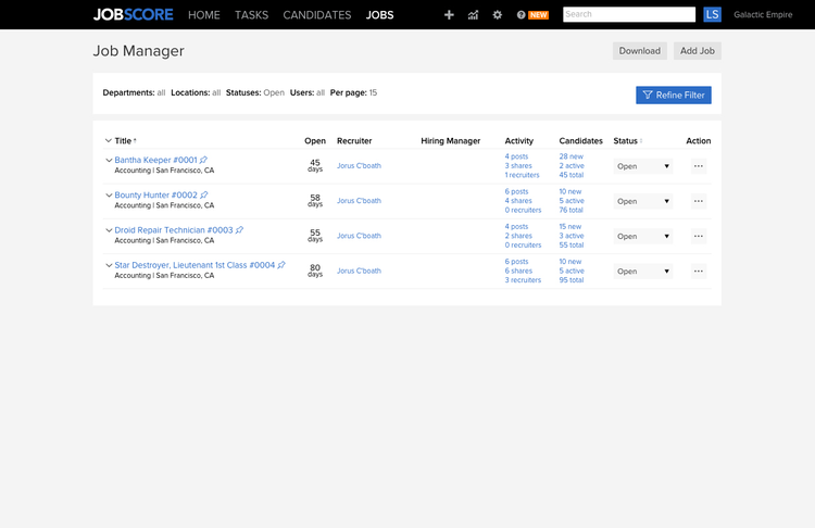Sample of the Job Manager interface within the admin console