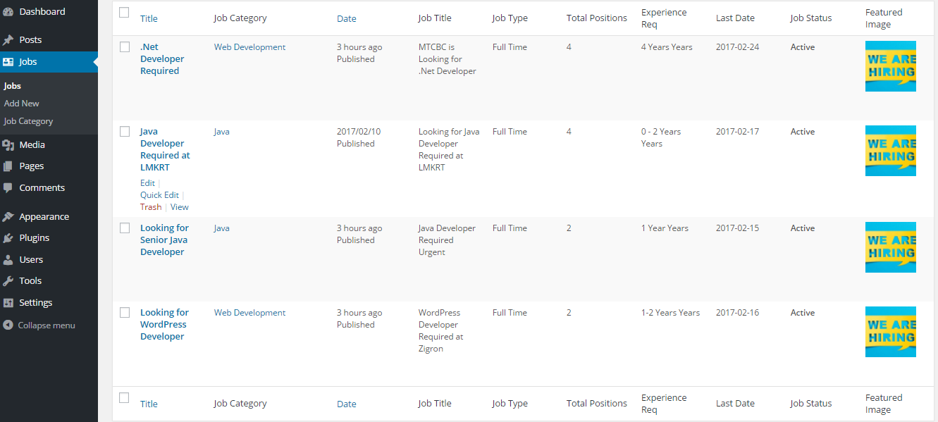 The above screen shot is of list view of job posted by admin.