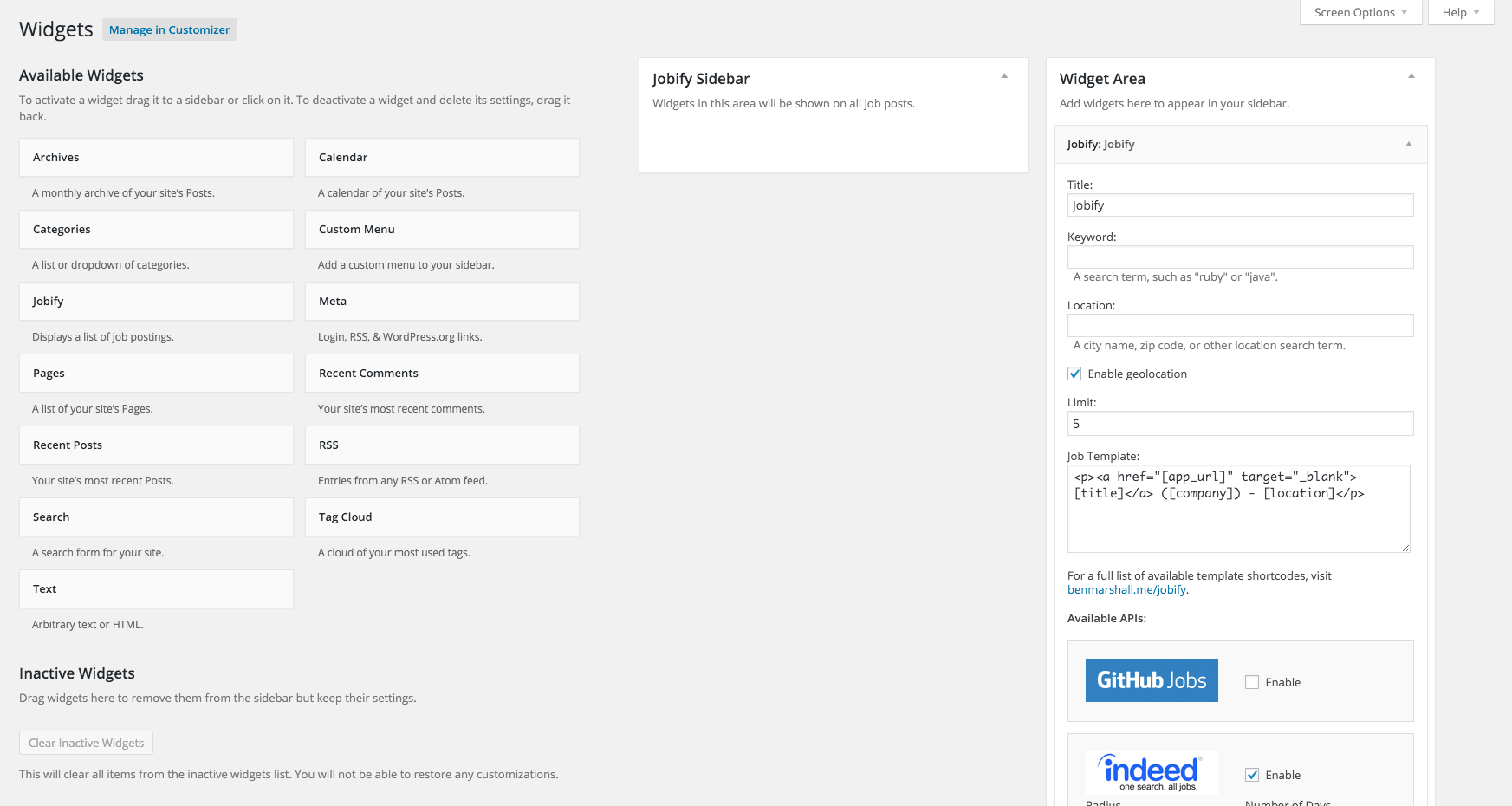 Jobify creates a custom sidebar for your job posts