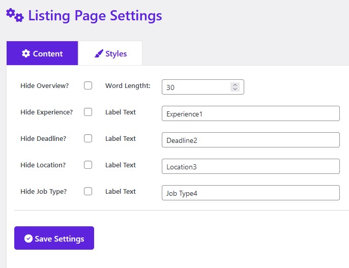 Listing page styles settings