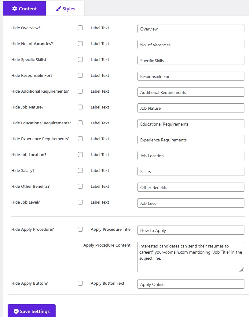 Details page styles settings