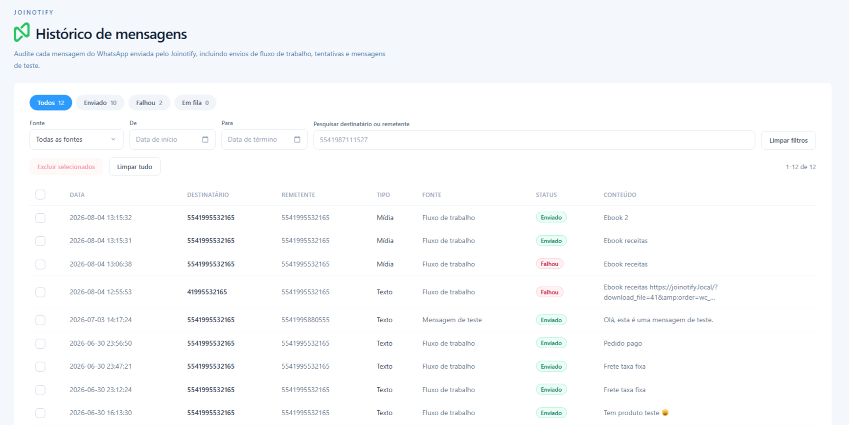 Message history with delivery status.