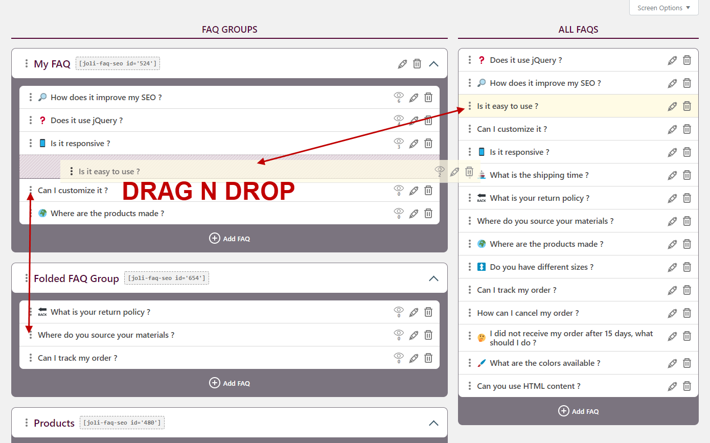 Drag n Drop from All FAQs or from group to group