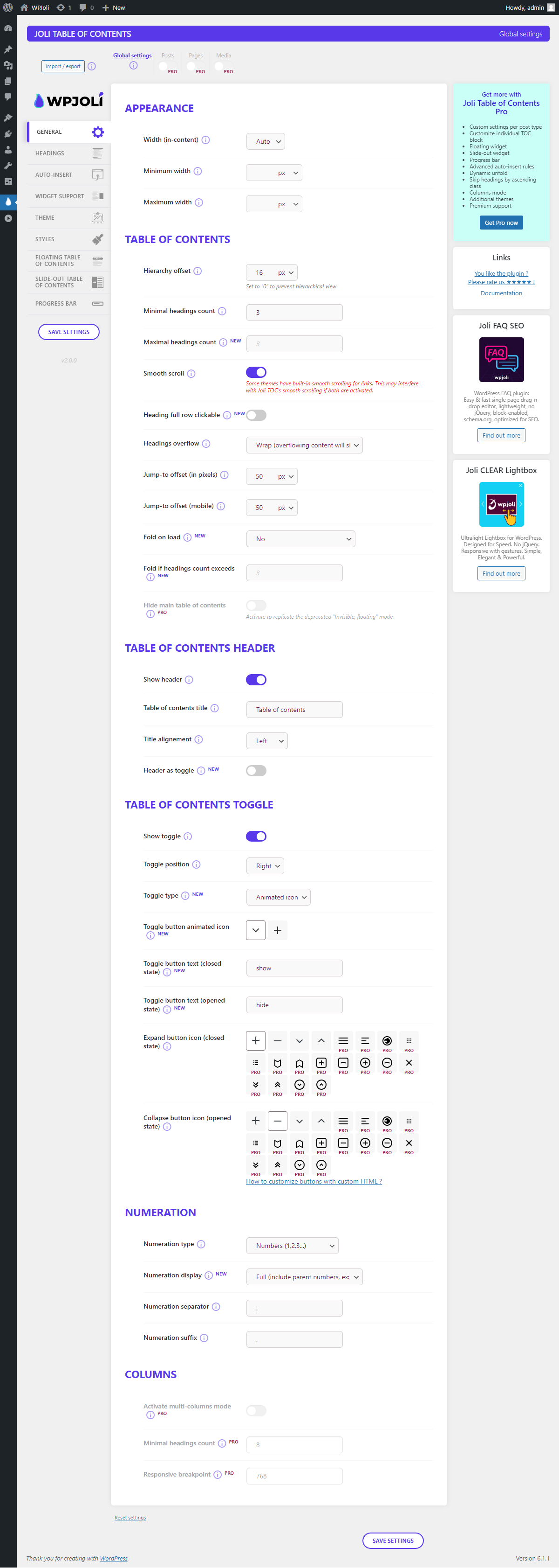 Settings page - FLOATING TABLE OF CONTENTS