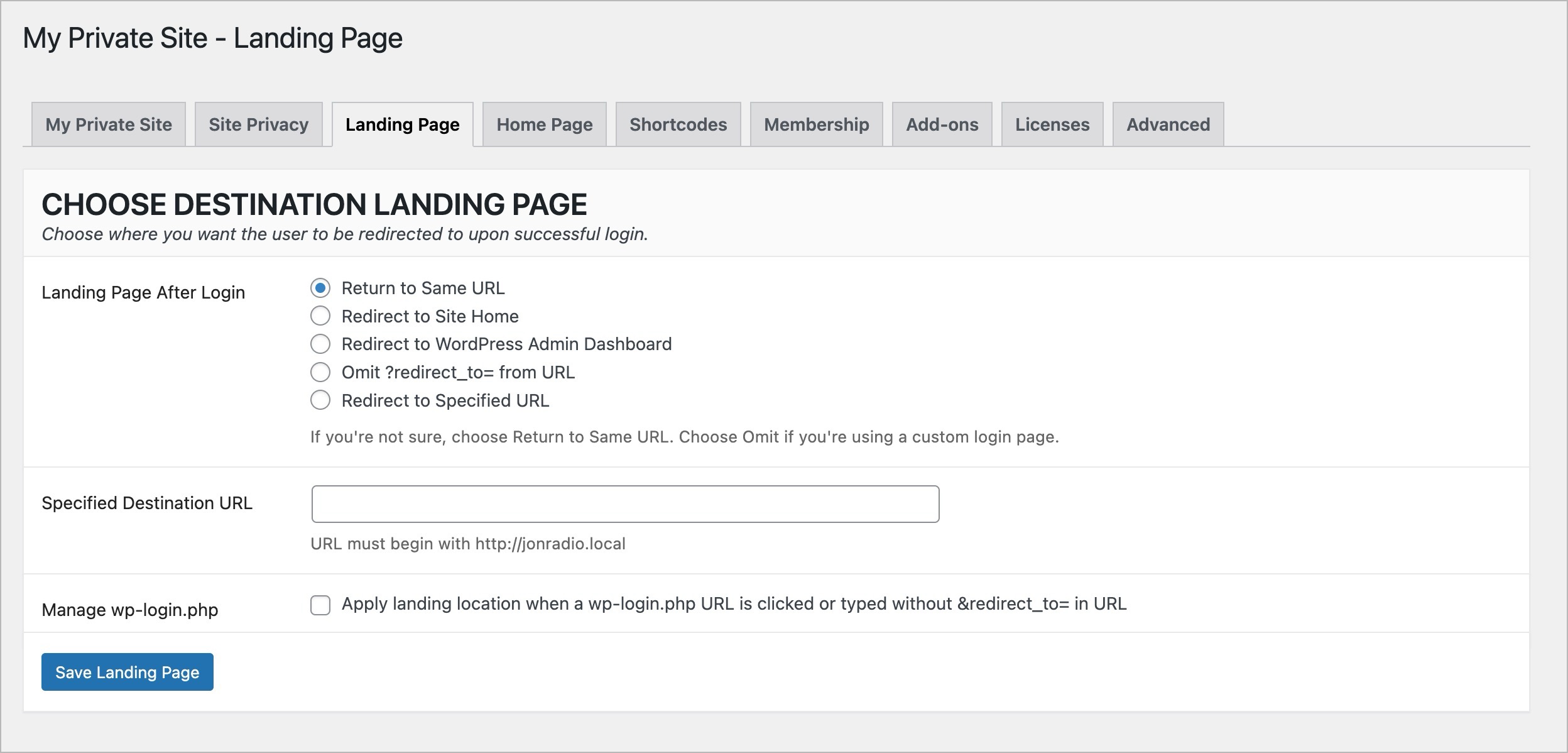 Landing page redirect options