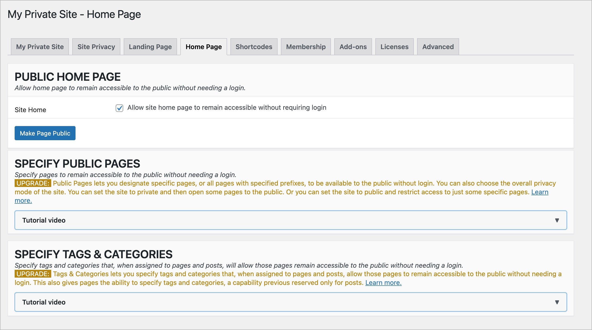 Public homepage visibility settings