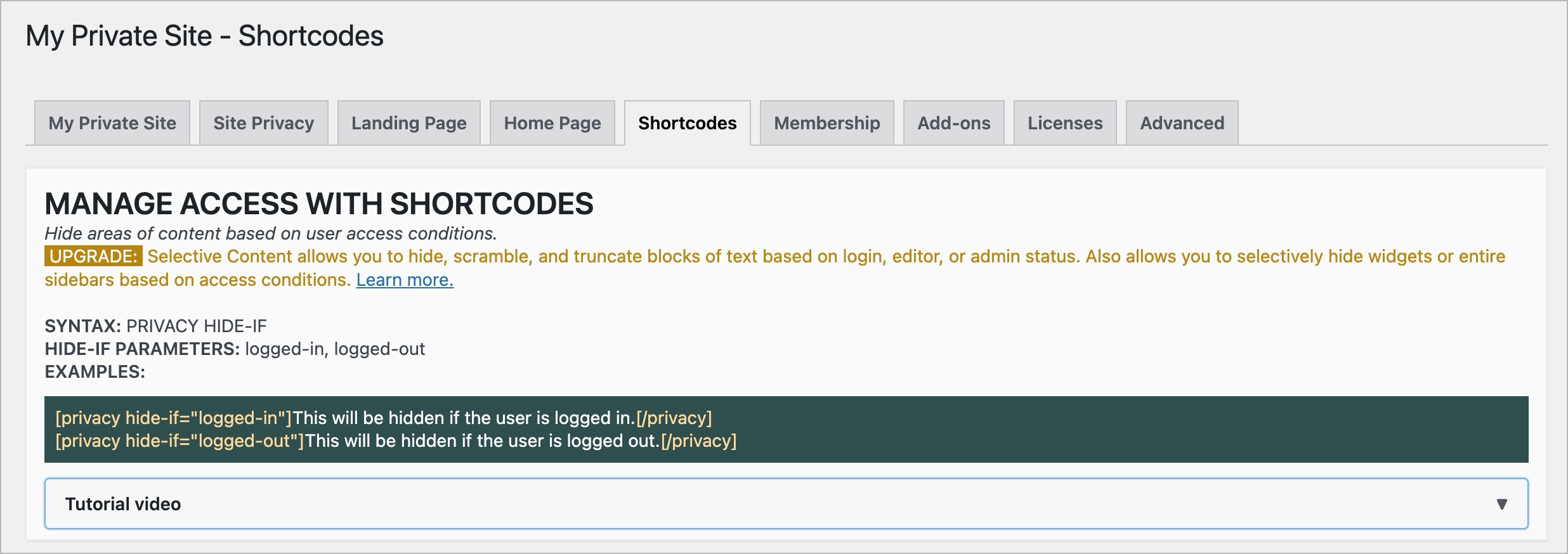 Shortcodes for content privacy