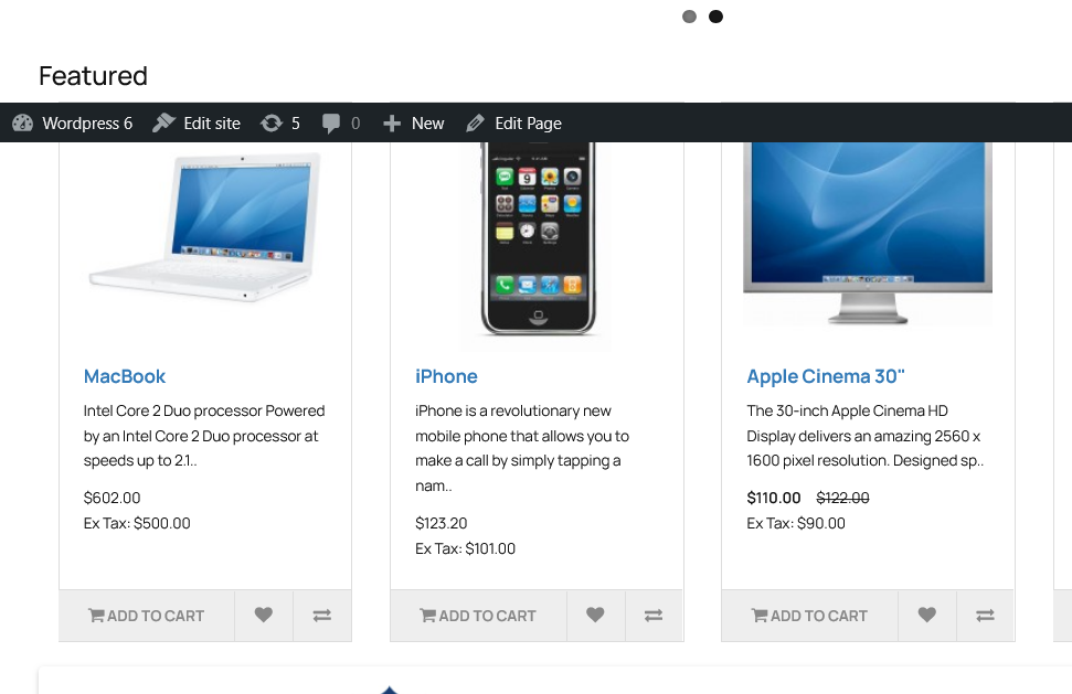 Screenshot of the front-end store page