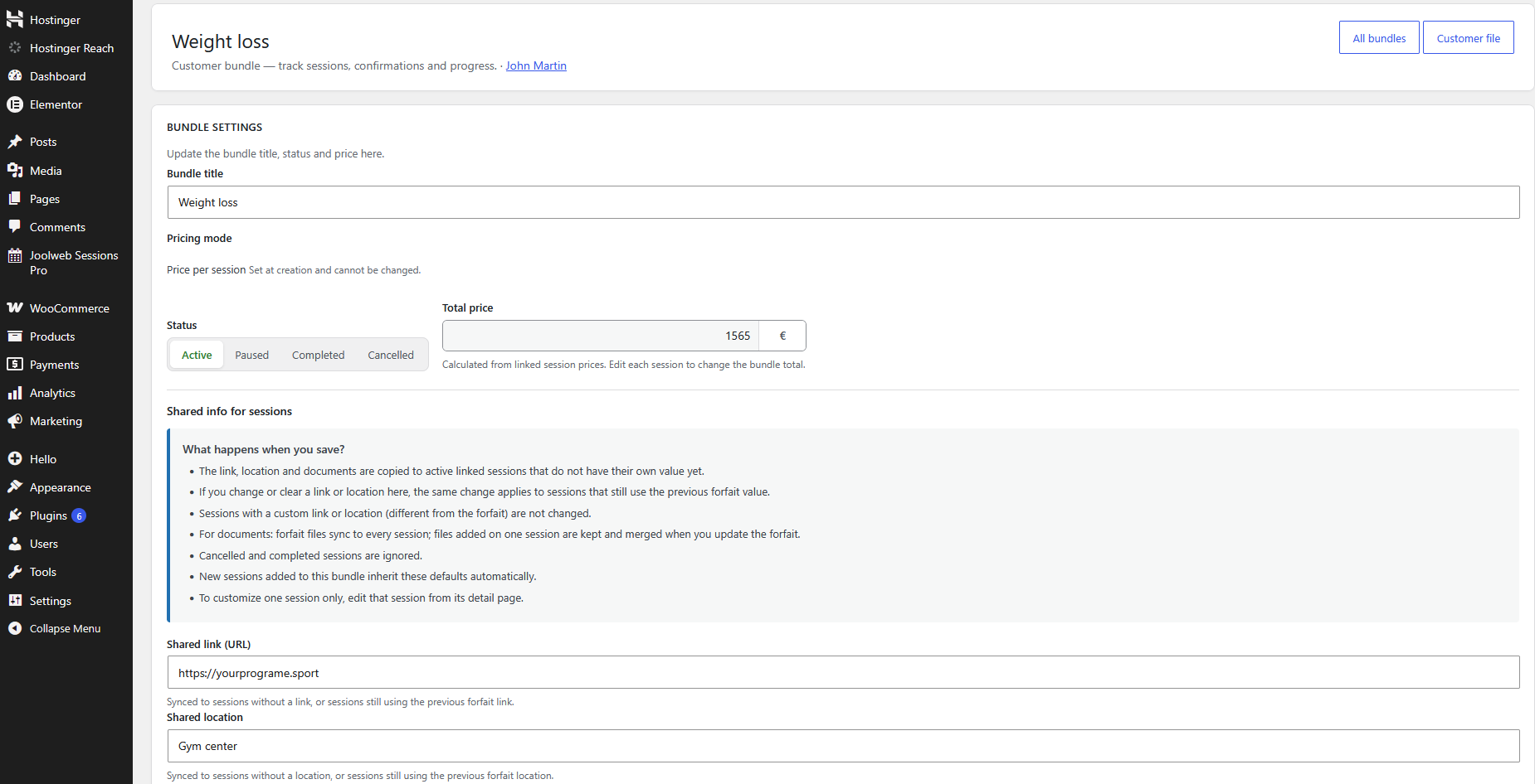 Client file in wp-admin (upcoming and past sessions)