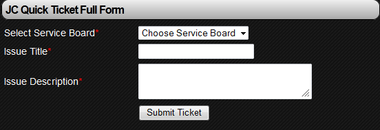 This is a shot of the JoomConnect Quick Ticket Lite form on the Full Form setting.