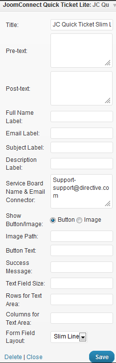 This is a shot of the settings for JoomConnect Quick Ticket Lite in the WordPress backend.