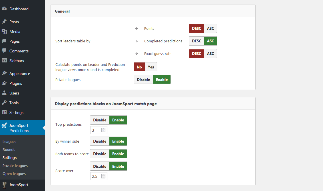 Prediction plugin settings