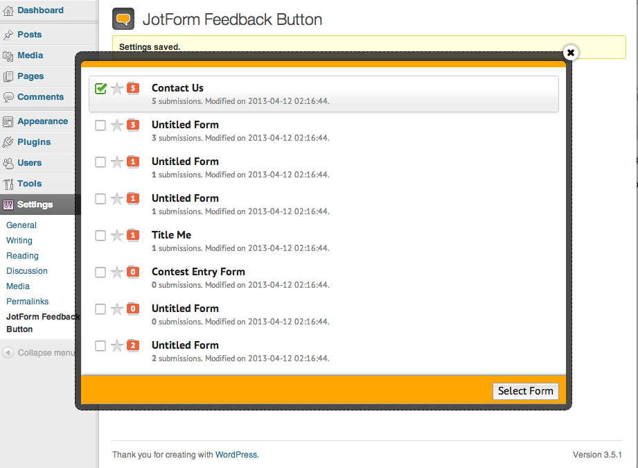 Select your forms from your Jotform account