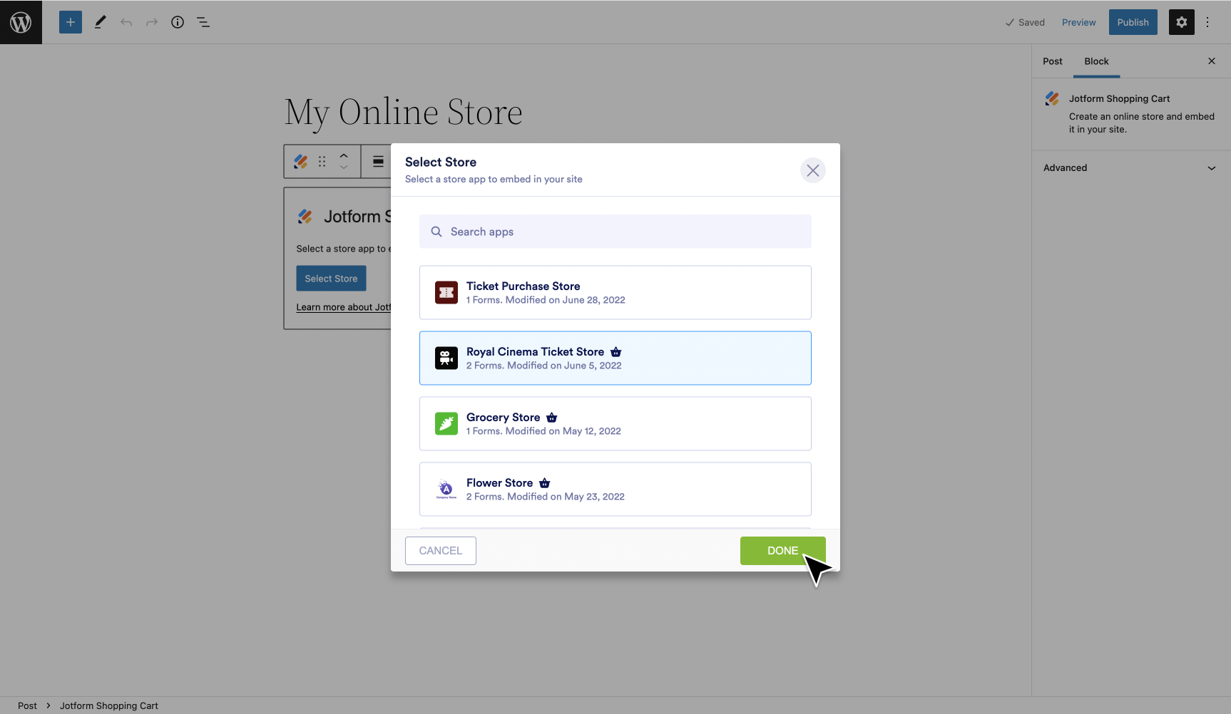 Select the store app you want to embed.