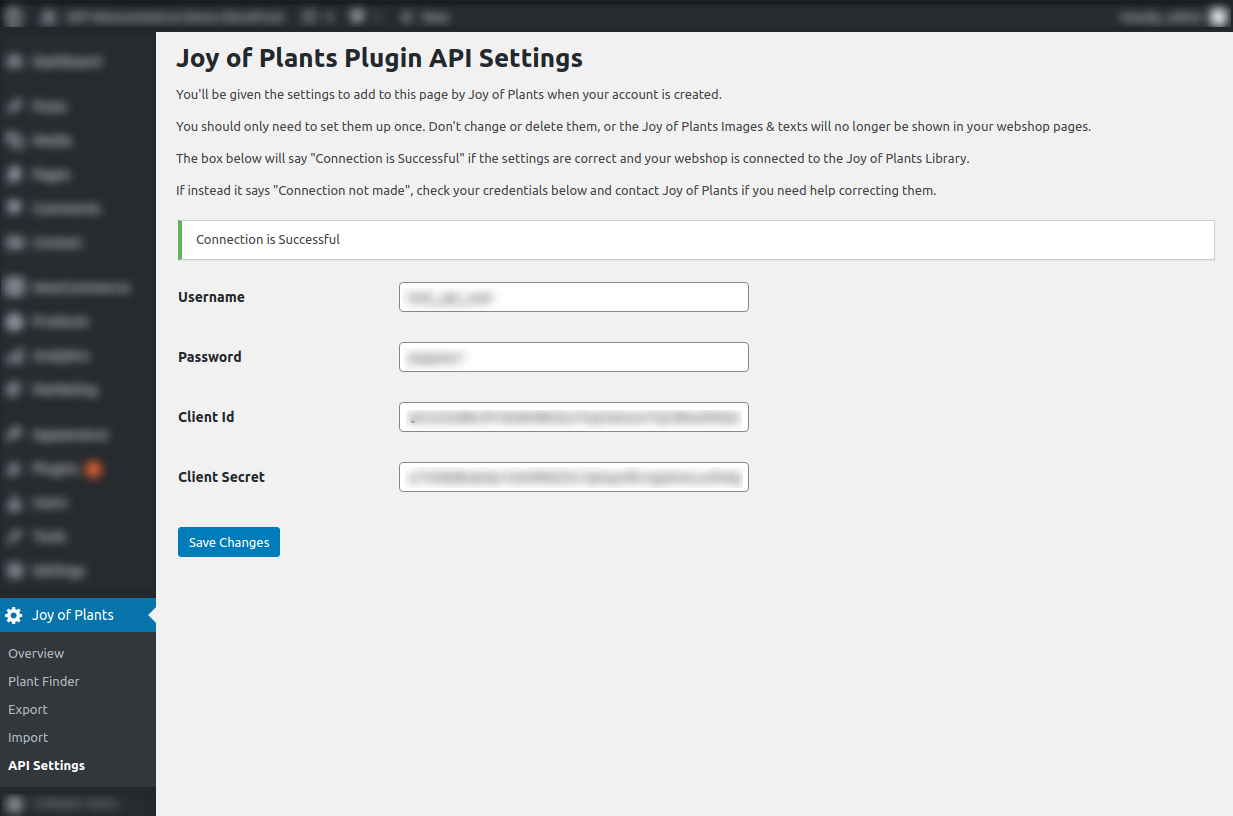 The ‘API Settings’ page for inserting your credentials from Joy of Plants.
