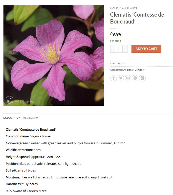 A webshop page showing the Joy of Plants image and plant description.