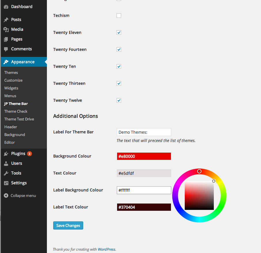 The colour options in plugin settings page.