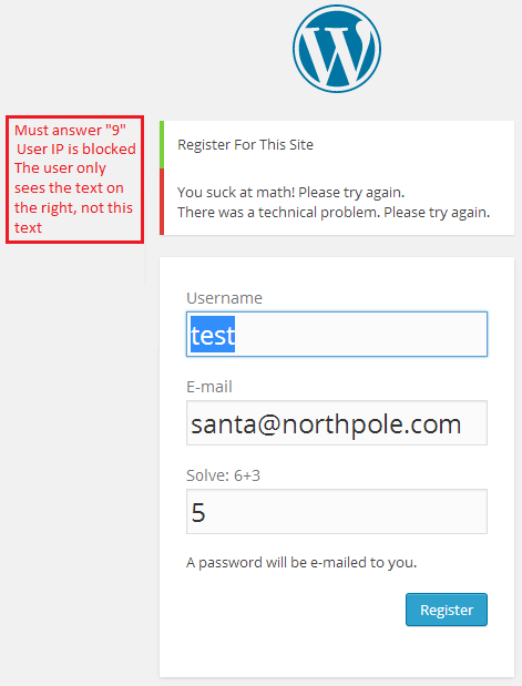 This is what the user sees if registration fails.  Note that the red text in the upper-left is NOT displayed