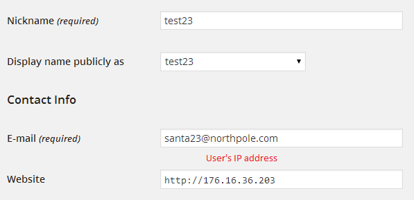 Once successfully registered, the user's IP address appears in the website field.  Note that the red text is NOT displayed.