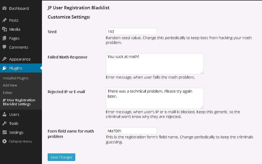 Admin options screen