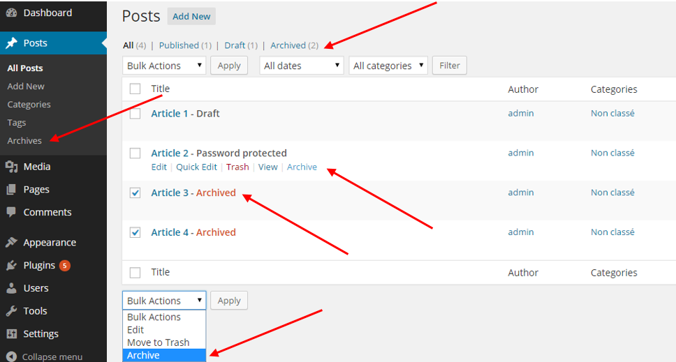 Archive link in your post type list page using post status, row action and bulk action features