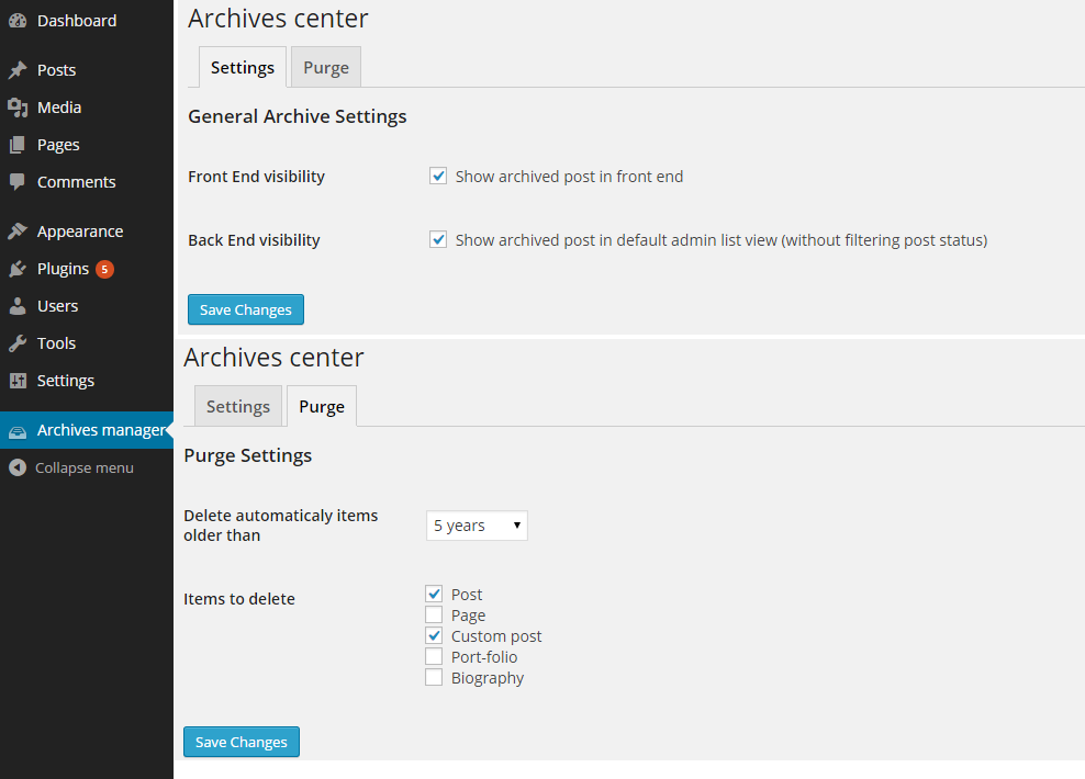 Archive page manager to configure archived post visibility and purge via cron