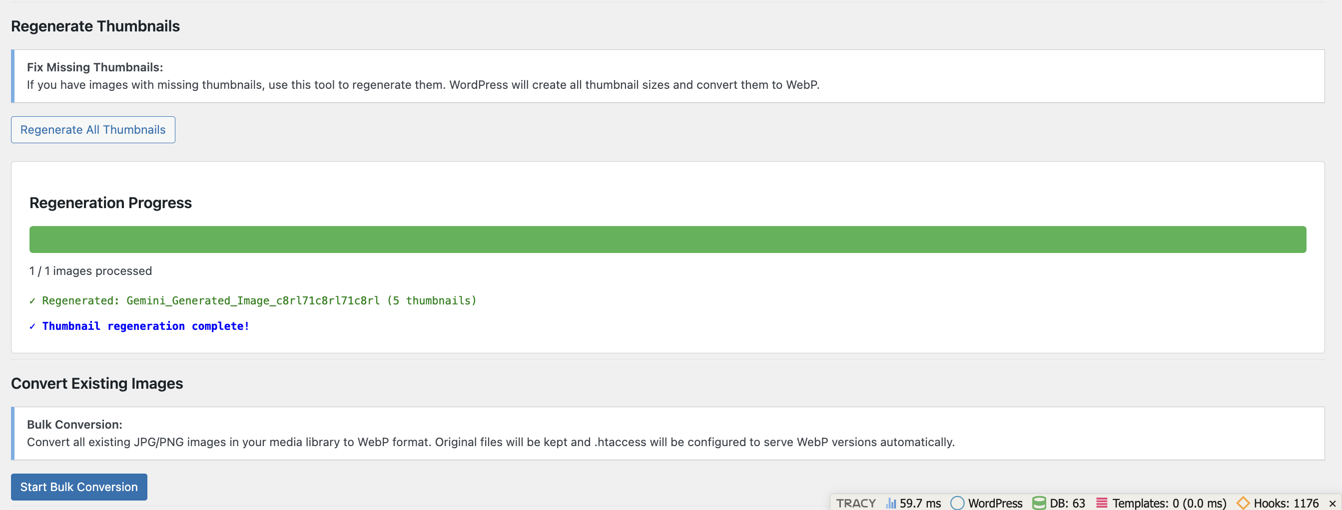 Bulk regenerate thumbnails in progress with real-time logging