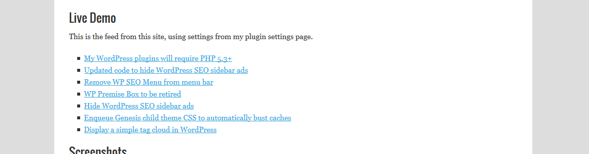 Example output using default settings from plugin settings page