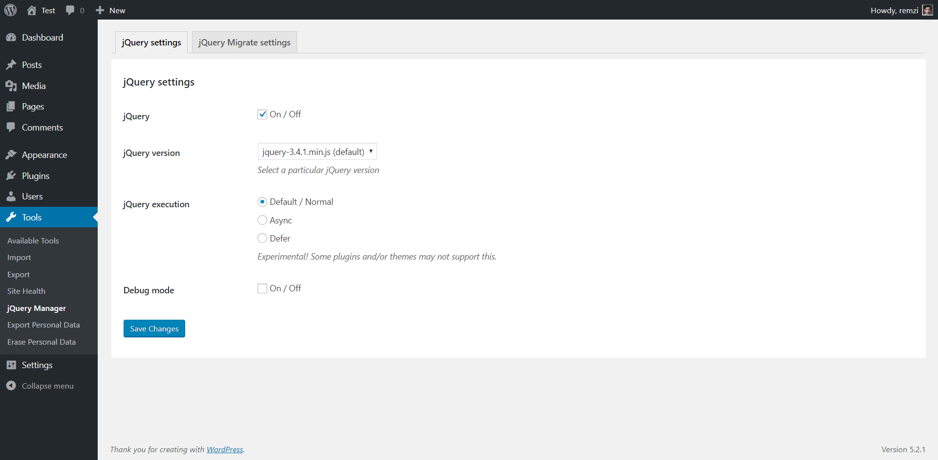 jQuery settings: enable / disable jQuery, select version and etc