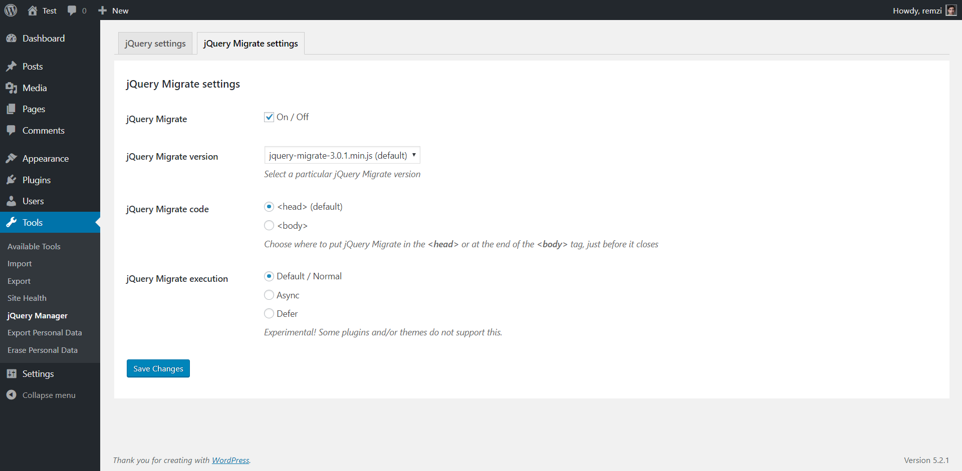 jQuery Migrate settings: enable / disable jQuery Migrate, select version and etc