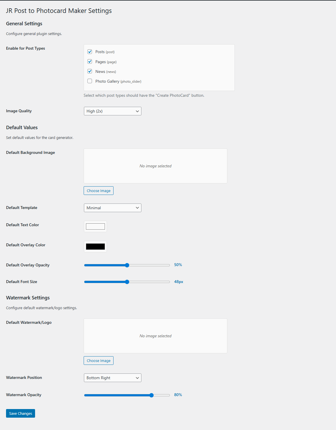 The Settings Page for configuring watermarks and default colors.