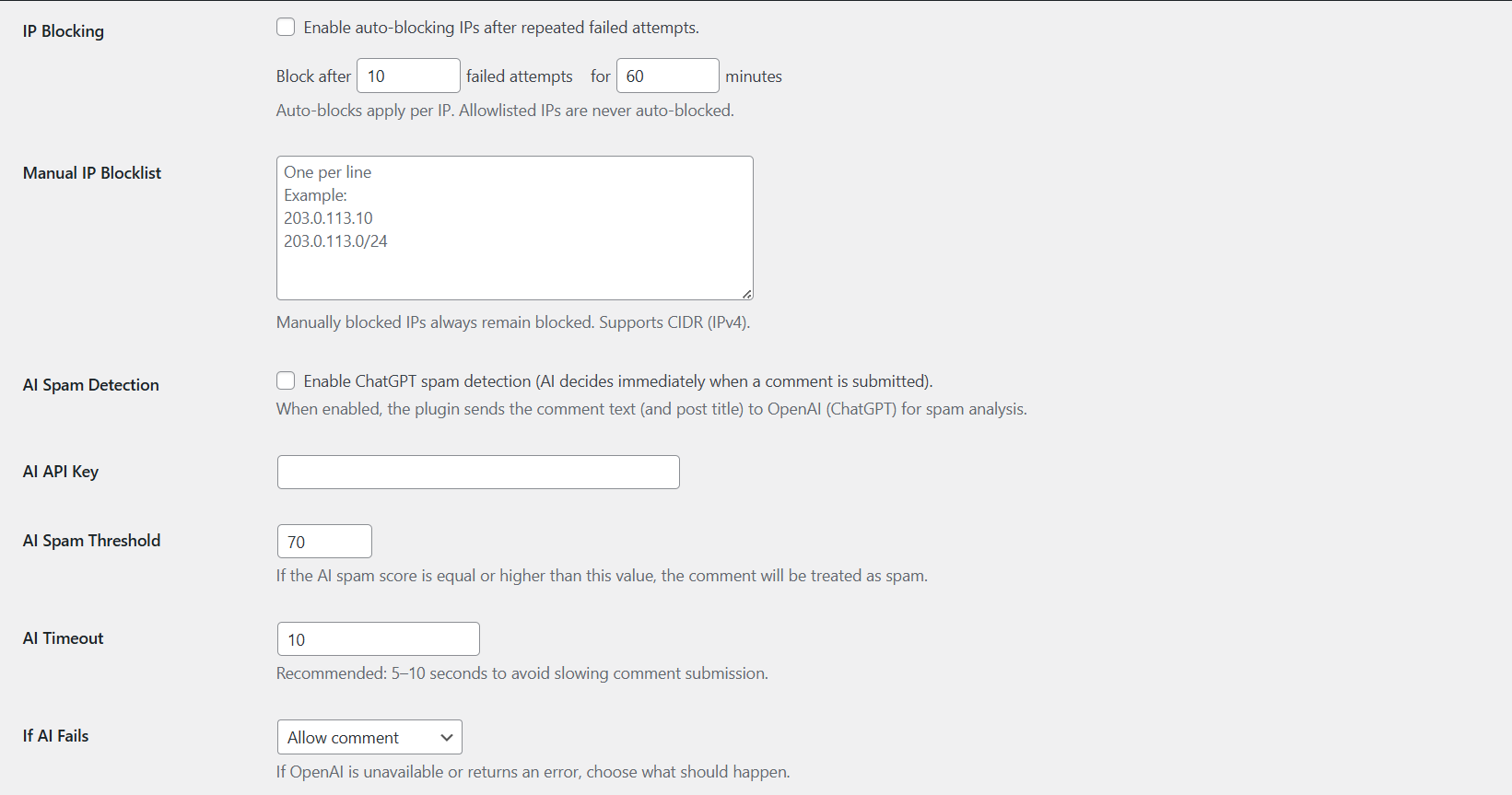 AI Spam Detection configuration