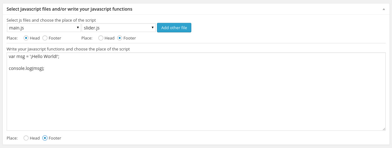 Sample post page with `Select Javascript files and/or write your Javascript functions` metabox screenshot-1.jpg.