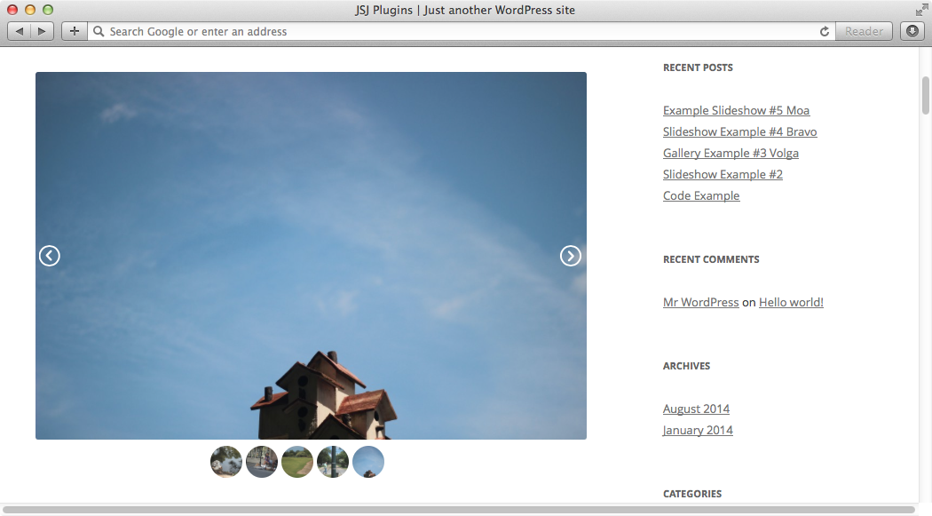 Slidshow usign the premium 'Moa' theme. <http://plugins.thejsj.com/themes/moa/>