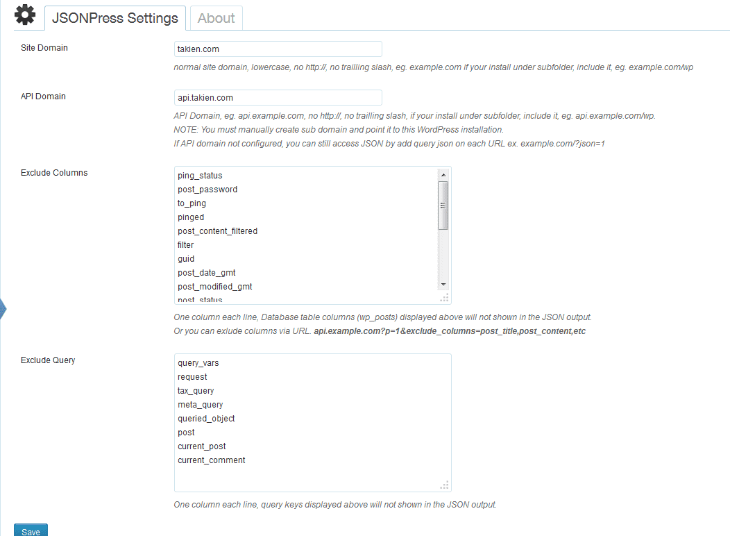 Settings page