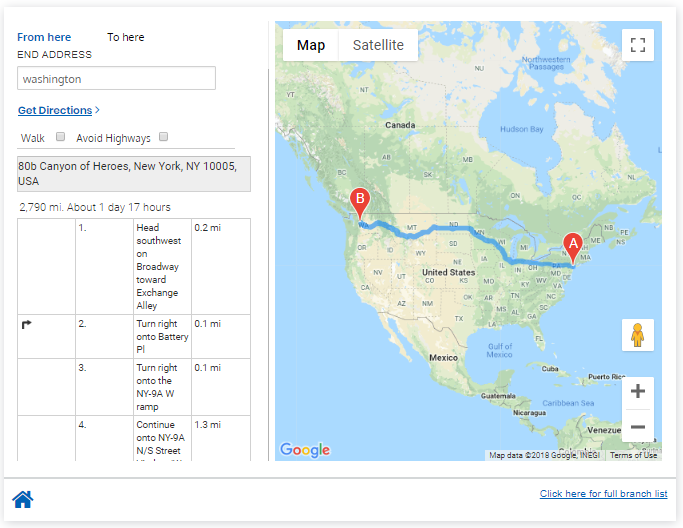 JSP Store Locator Directions Page showing Directions info on a sidebar and Map