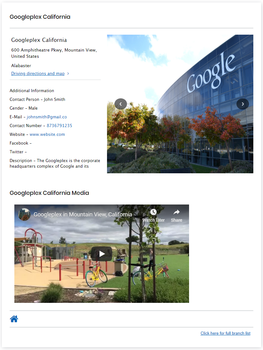 JSP Store Locator Branch Info Page showing detailed information of each Location. On this page, you can display Store Videos as well.