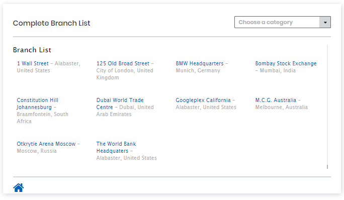 JSP Store Locator Complete Branch List Page showing Stores List according to categories.