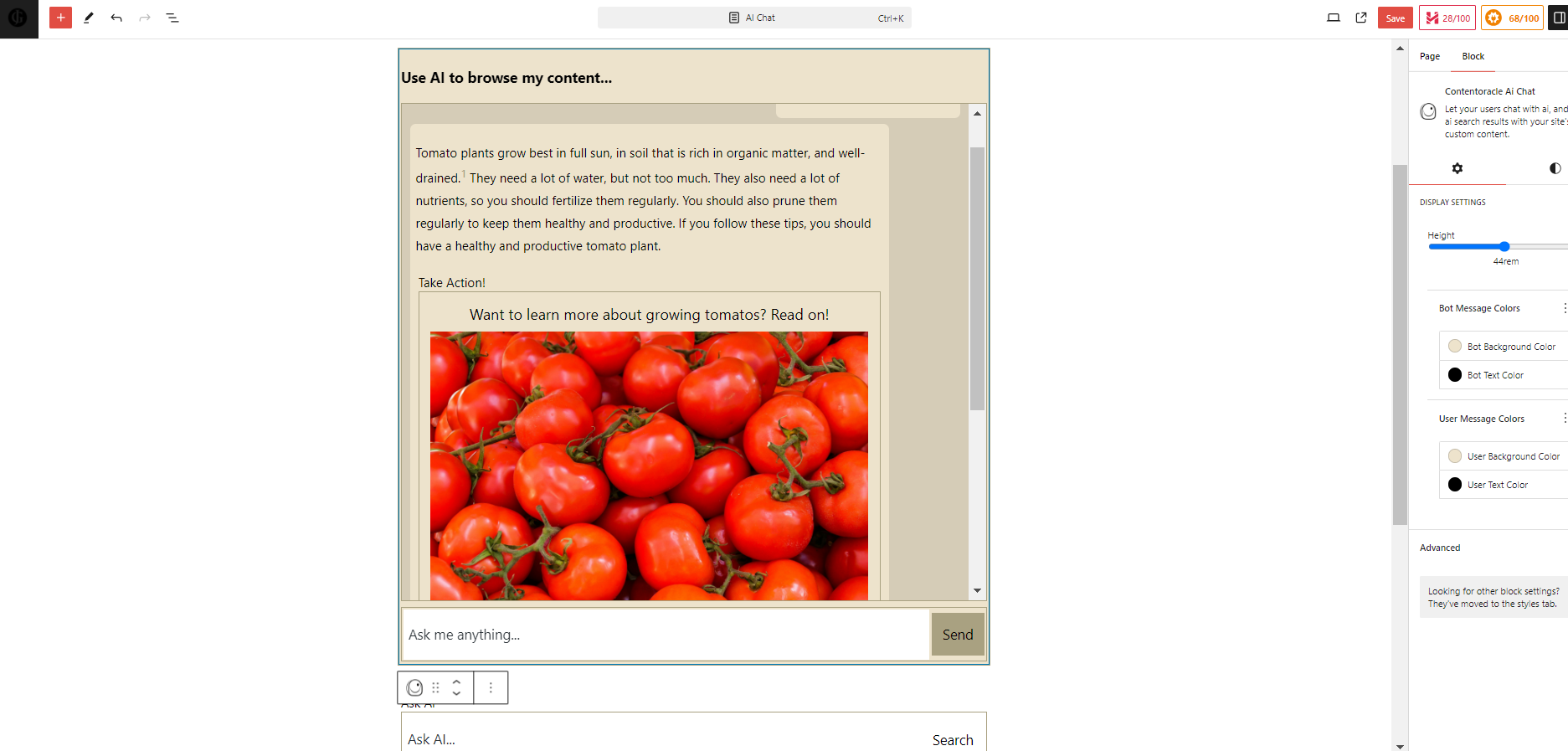 Customizing an ai chat block to match a site in the block editor.